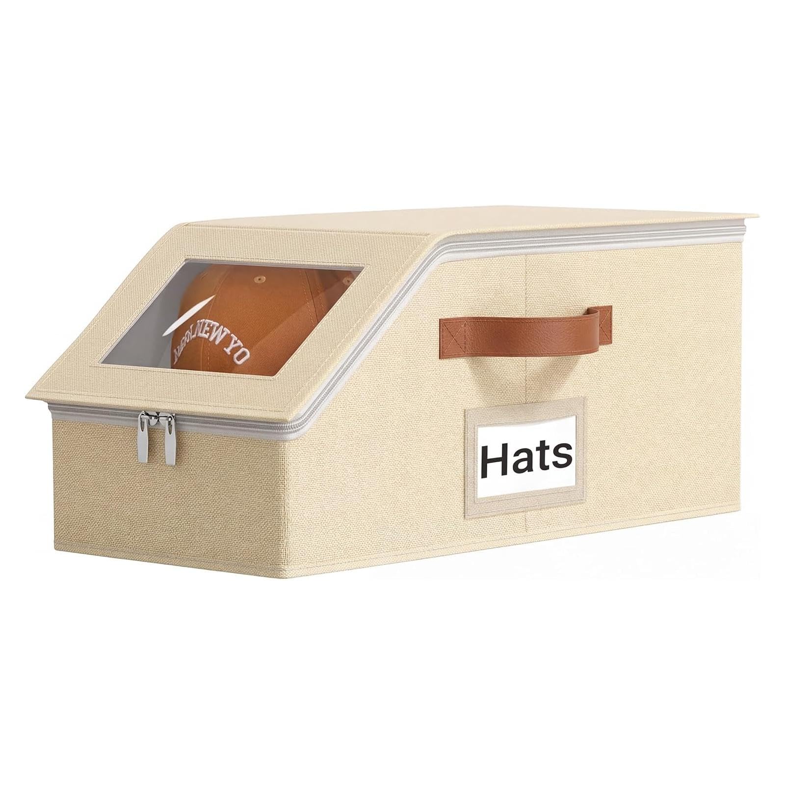 Binbe Off-White Baseball Cap Storage Stackable Cap Hat Storage With Carrying Handles & Lid Dust-Proof