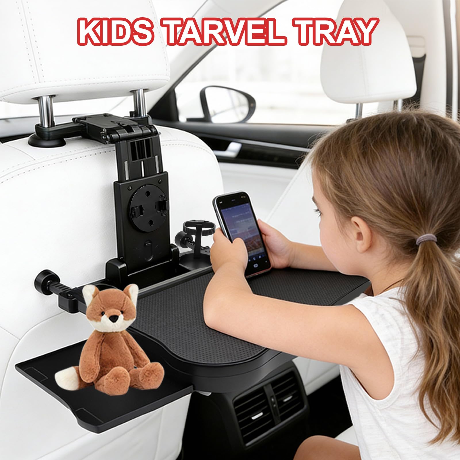 Auto Tisch für Rücksitz Beifahrer, Tragbarer Autositz Tabletttisch mit Getränkehalter und Handyhalter, Multifunktional Esstisch für Kinder Erwachsene, Faltbar, Belastbarkeit 15-20 kg