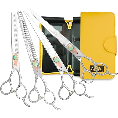 Kenchii Future Star Dog Grooming Scissors Righty Set Premium Kit for Novice & Pro Groomers Straight Curved Thinner & Blender Shears with Micro Serrated Blades Includes Case and Inserts.