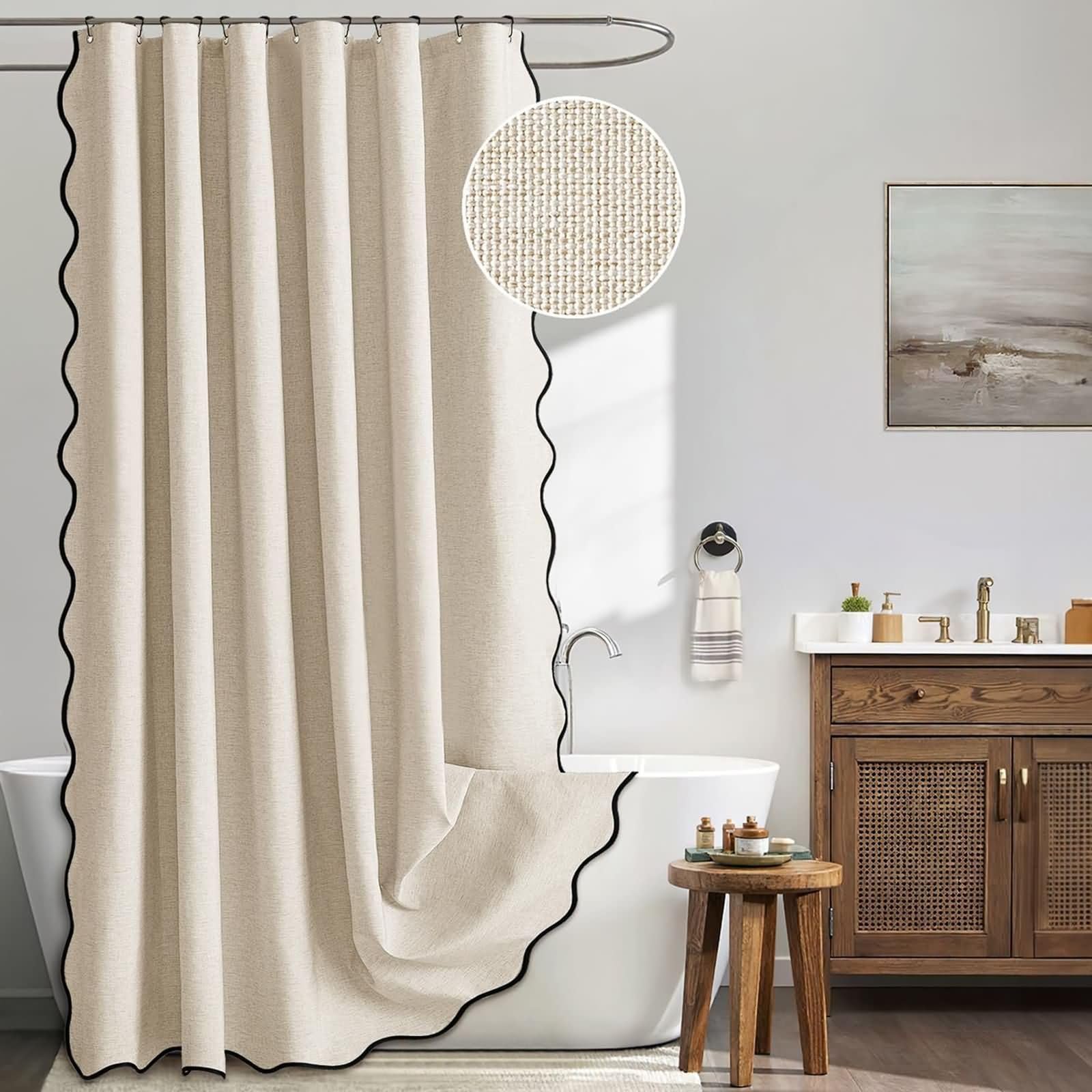 Duschvorhang 180x200cm Polyester Schimmelresistent mit 12 Ringen | Einfarbig Beige mit Schwarz Welle,Wasserabweisende Textilien,Rostfreie Ösen,Blickdicht für Bad Wanne Hotel Ferienwohnung