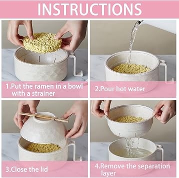 2 Sets Microwave Ramen Bowl 40 oz Wheat Fiber Portable Instant Noodle Cooker Bowl with Handles Strainer Spoon Chopstick Fork College Dorm Room Apartment Essentials(Beige, Pink)