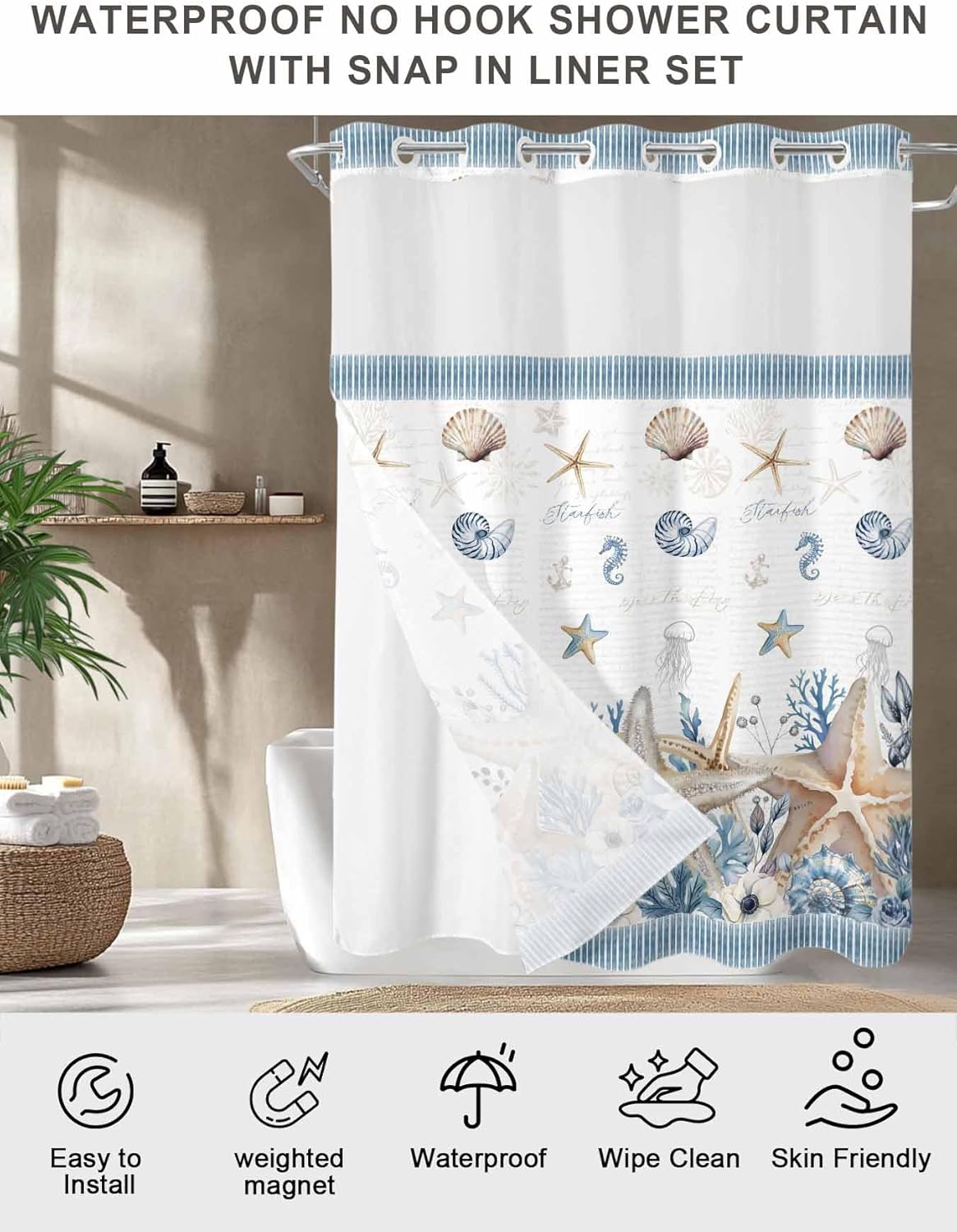 No Hook Shower Curtains with Snap-in Liner Set, Beige Starfish Coastal Waterproof Bathroom Shower Curtain, Blue Summer Beach Coral Shell Nautical Breathable Mesh Top Window Bath Curtains 60''x72''