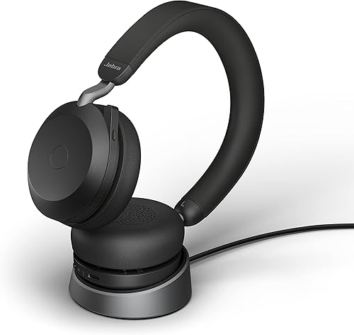 Jabra Evolve2 - Auriculares inalámbricos de 75 PC con soporte de carga y tecnología de 8 micrófonos, auriculares estéreo de doble espuma con