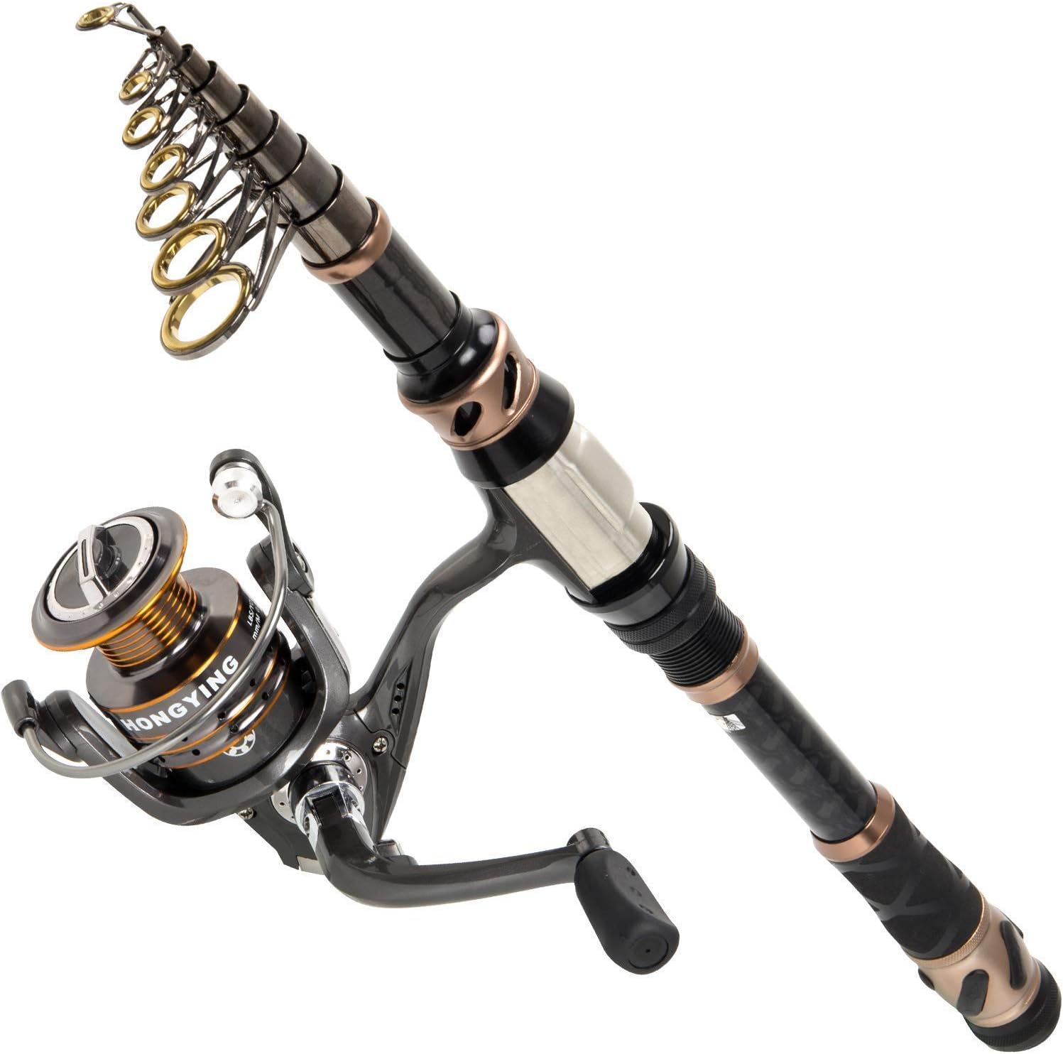 PLUSINNO Fishing Rod and Reel Combos - Carbon Fiber Telescopic Fishing Pole - Spinning Reel 12 +1 Shielded Bearings Stainless Steel BB’Travel Saltwater Freshwater Full Kit 7.87FT