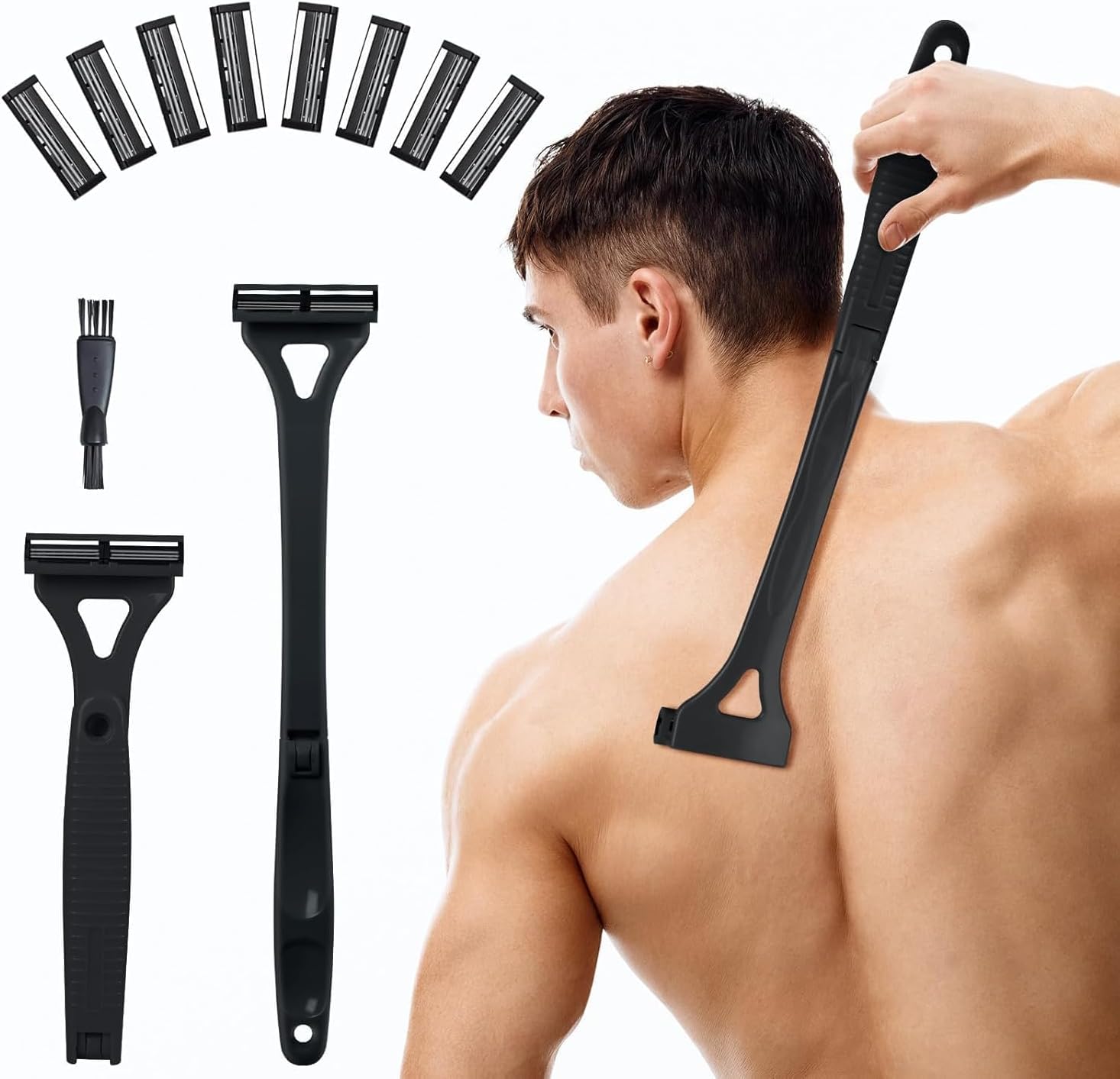 Back Shavers for Men with Foldable Long Ergonomic Handle: DIY Hair Shaver, Replaceable Safety Blade & Portable Razor Groomer for Men, Wet & Dry Shaving - Black (8PCS Blades Included)