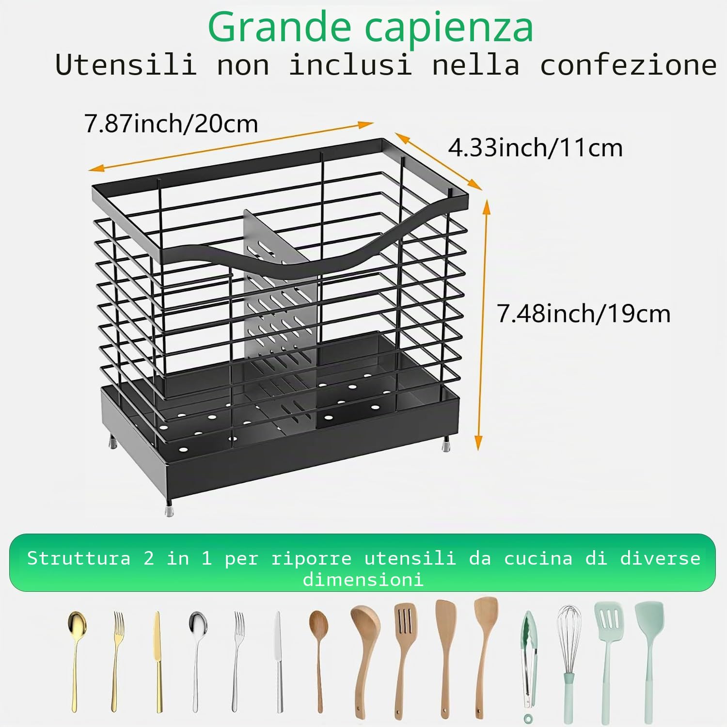 Portautensili per Posate, Cestello Portaposate Acciaio inox Scolaposate con 2 Scomparti e Scarichi Organizzatore di Posate per Forchette,Coltelli,Cucchiai, Ideale per Lavello da Cucina Piano di Lavoro