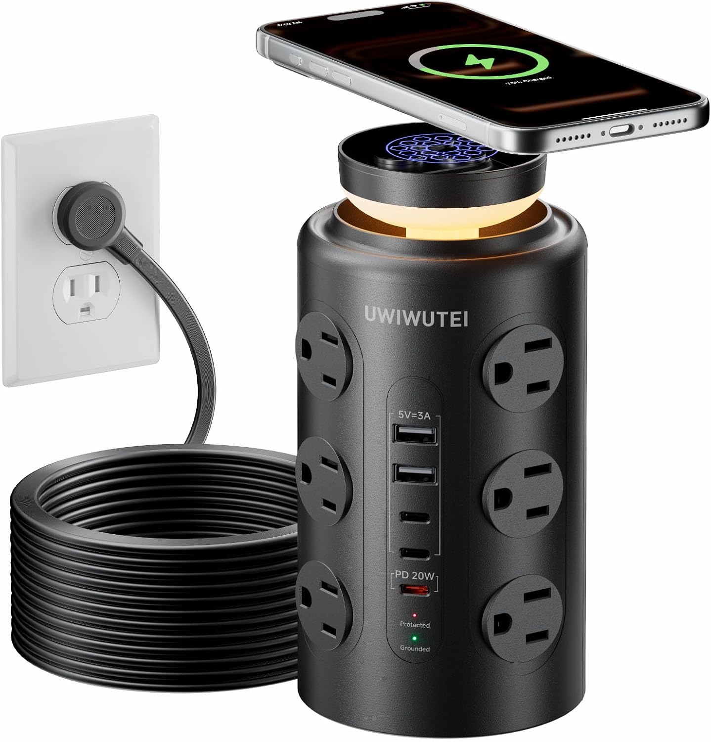 Tower Power Strip Surge Protector with Wireless Charging & Night Light - PD20W Fast Charging Station,12 Outlets, 5 USB (3 USB-C),1800J Protection, 6FT Extension Cord, Home Office Essentials (Black)