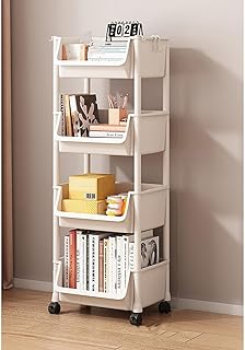[FOQW] 本棚 ワゴン 書類棚 マガジンラック キャスター付き 4段 スリム 大容量 キャスター付き本棚 収納 書類ラック 教科書 省スペース 組み立て簡単 漫画 雑誌分類 教室 35*26.5*99cm 学生 オフィス 冷蔵庫横 洗面所 細い棚 ホワイト 調味料棚 隙間収納
