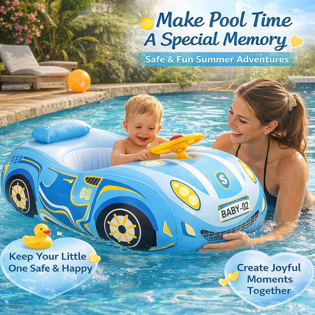 Baby Pool Float for Toddlers 12-48 Months 3D Car Inflatable Swim Float with Steering Wheel Heavy Duty 0.35mm PVC Infant Swim Pool Float Safe No Flip Swimming Toddler Floaties for Boys&Girls1-5 Years