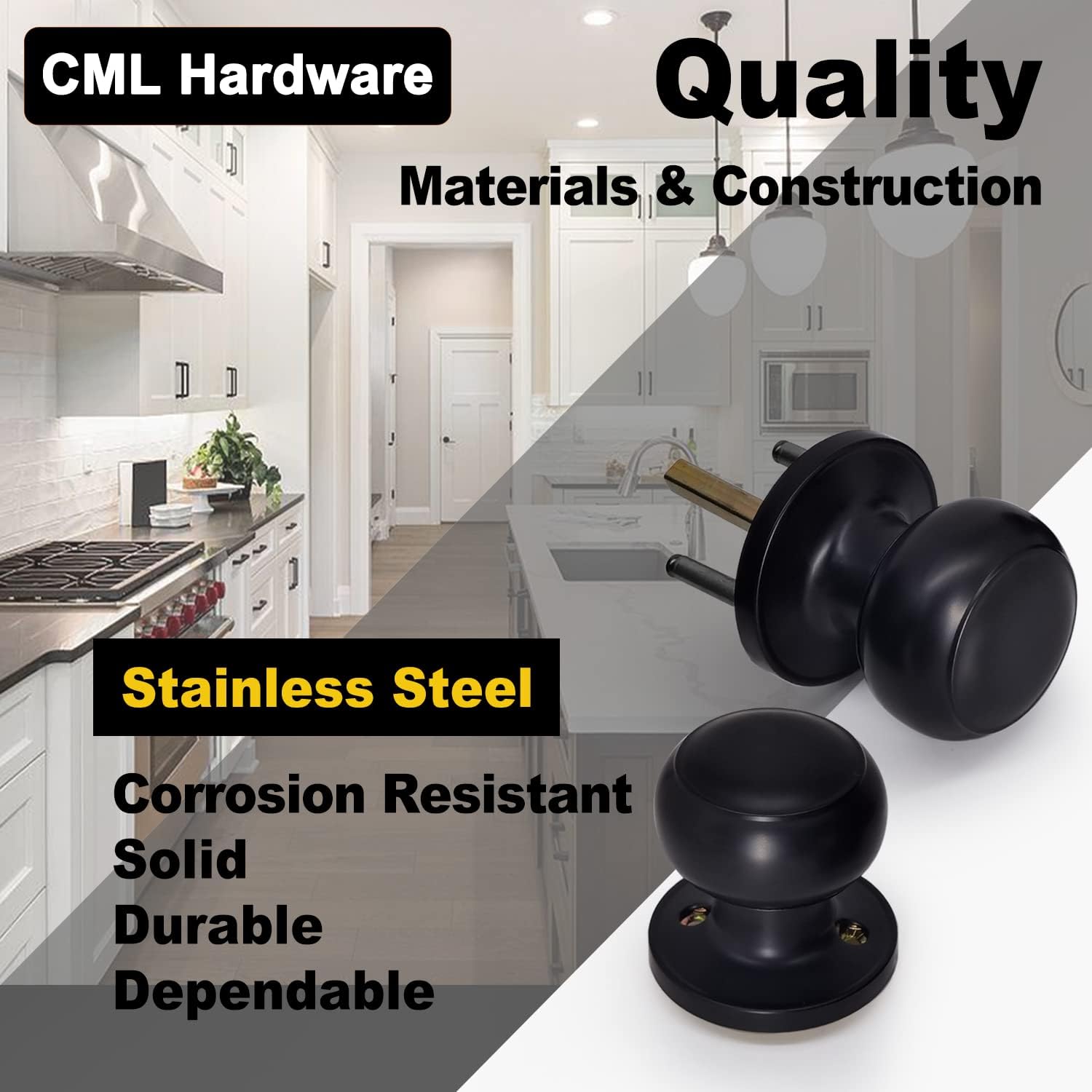 CML Hardware (2 Pack) Passage Door Knob for Hall/Closet, No Locking Interior Round Ball Handle in Solid Stainless Steel, Matte Black