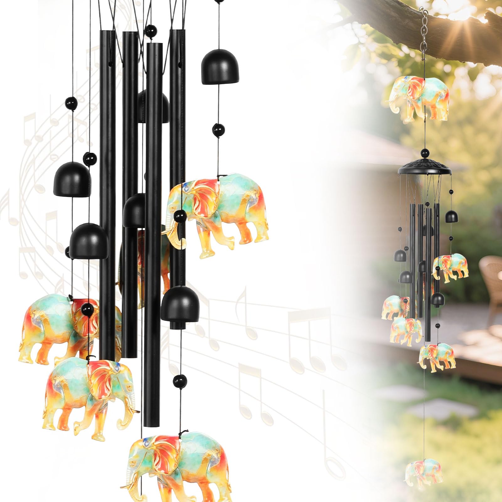 Elephant Wind Chimes for Outside Outdoor Garden Windchimes with 4 Aluminum Tubes & 7 Elephants Black Metal Wind Chime Hanging Decor for Patio Garden Porch Birthday Thanksgiving Christmas (Black3)