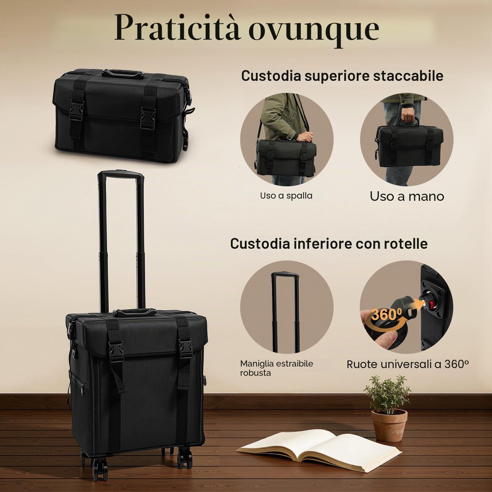 Beauty Case 2 in 1 Professionale Con 8 Cassetti e Ruote, Valigetta per Il Trucco da Pilota, Trolley da Viaggio, Nero, Nylon