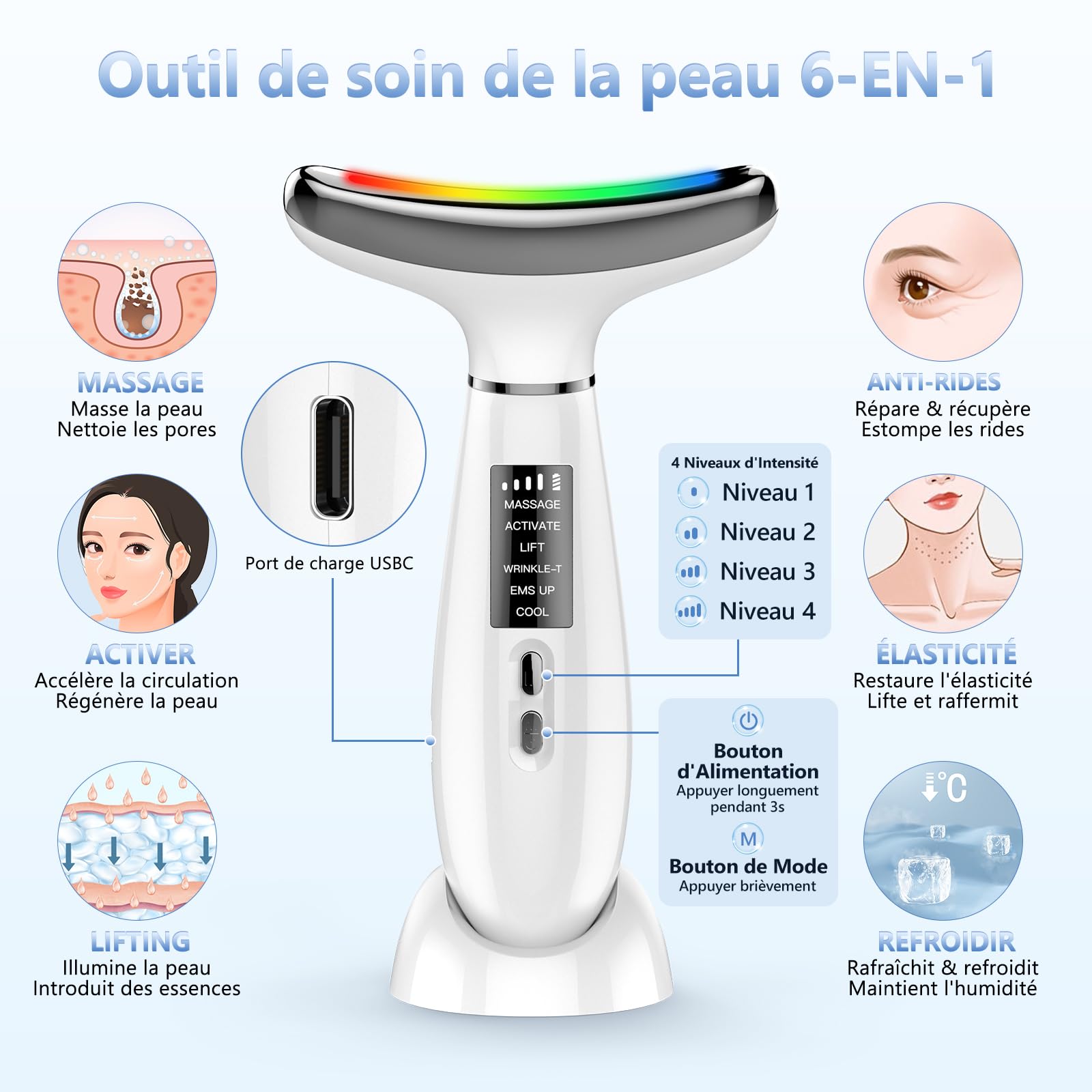 Appareil Anti Rides Visage, Appareil de Beauté à 6 Modes, Température 45 °C pour Les Massage Visage, pour l'anti-âge, Le Lifting et le Raffermissement de la Peau Relâchée (Mode LED 4 couleurs)