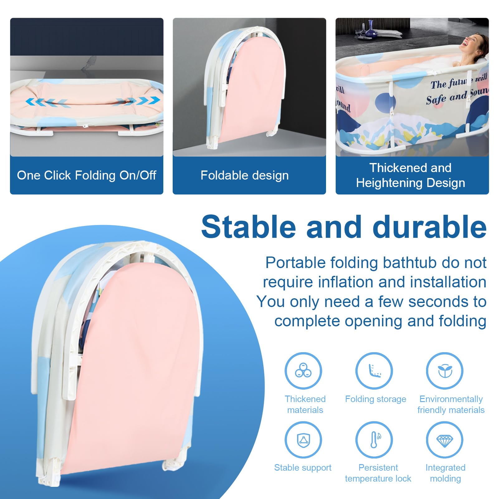 Bañera plegable para adultos de 120 cm, bañera independiente con marco de plástico y doble desagüe, para baño en casa, baño pequeño, ducha, interior exterior (azul claro)