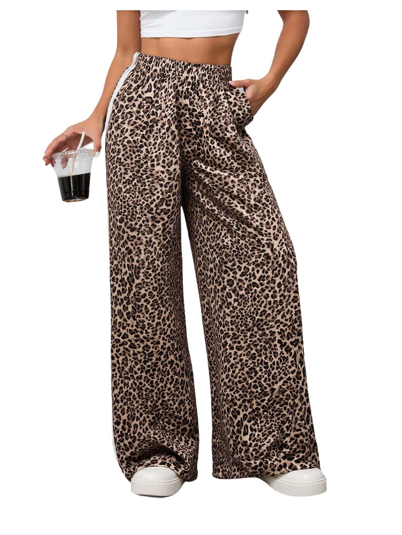 Womens Cheetah Leopard Pants Stripe Side Wide Leg Baggy Sweatpants Y2k Hip Hop Sweat Pants