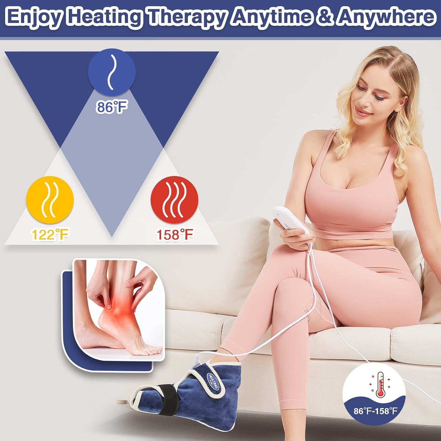 AOBOCO 1 Pack Electric Heated Foot Ankle Warmer - Feet Heating Pad Deep-penetrating Heat for Achilles Tendinitis & Plantar Fasciitis - Auto Shut Off & 86-158℉ Foot Brace Women Men, Blue&beige