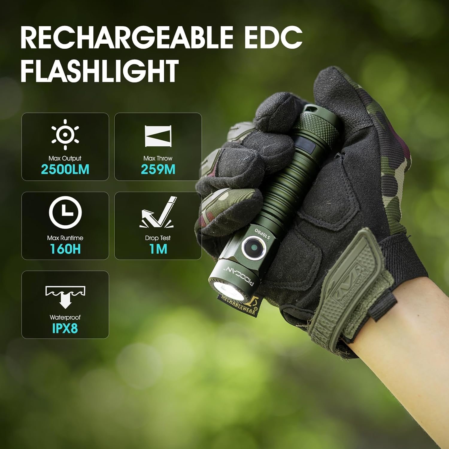 PIOOCAN EDC Flashlight Rechargeable,Pocket Flashlight 2500 High Lumen Super Bright,Mini Tactical Flashlight Powerful Magnetic,IP68 Waterproof 5 Modes Flash Light for Camping Hiking Emergency (Green)