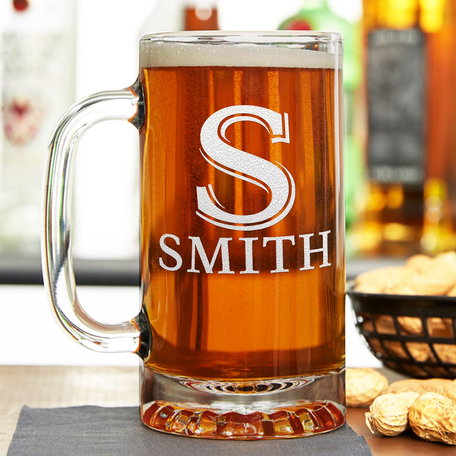 Personalized Beer Mug Glass Monogram Initial and Name Laser Engraved 16 oz Drinking Glasses Customized Birthday Gift for Men and Women