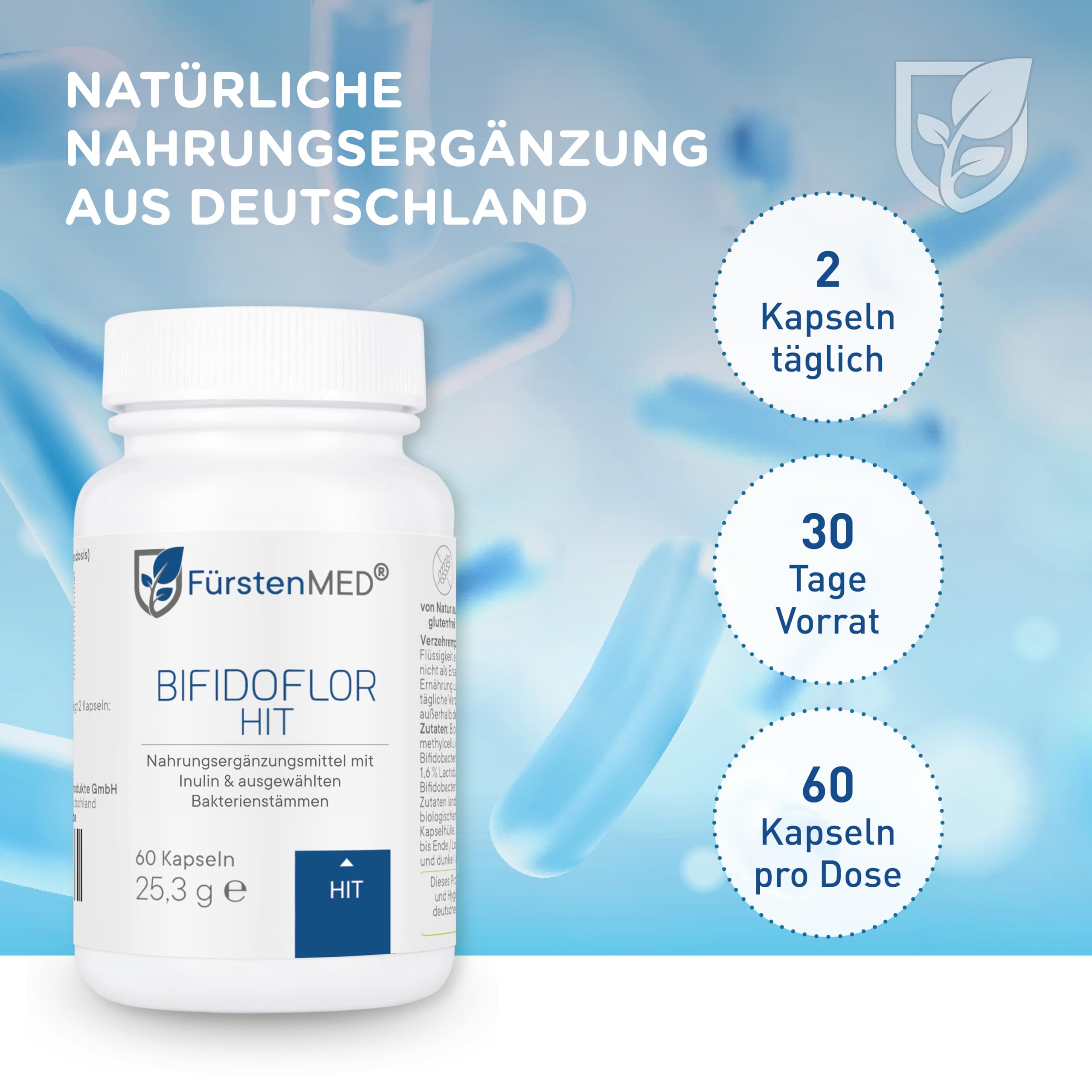 FürstenMED® Bifidoflor HIT - Lactobacillus und Bifidobacterium Kapseln - 60 magensaftresistente Kapseln mit Inulin als Nährboden - Laborgeprüft, Vegan und Ohne Zusatzstoffe