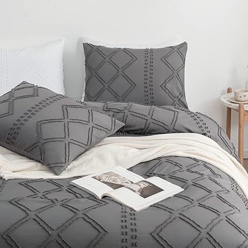 Miniatura 9 de WARMDERN Juego de funda de edredón copetuda tamaño individual juego de funda de edredón bohemio blanco con textura geométrica funda de edredón de