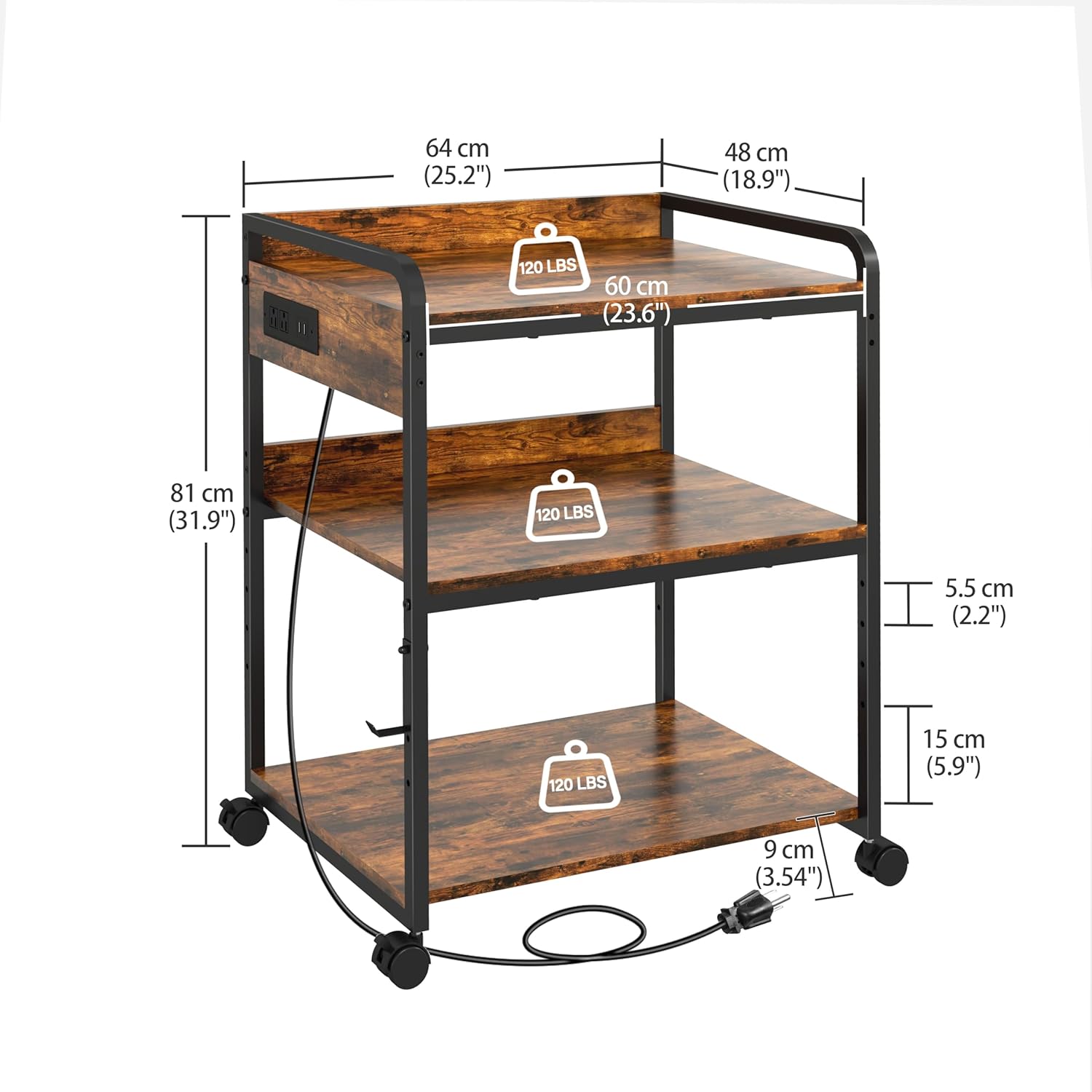 Livofloral 3 Tier Large Printer Stand with Wheels, 25.2 x 18.9 Inch Printer Stand with Power Outlet USB Port, Printer Table with Adjustable Storage Shelf for Home Office, Rustic Brown