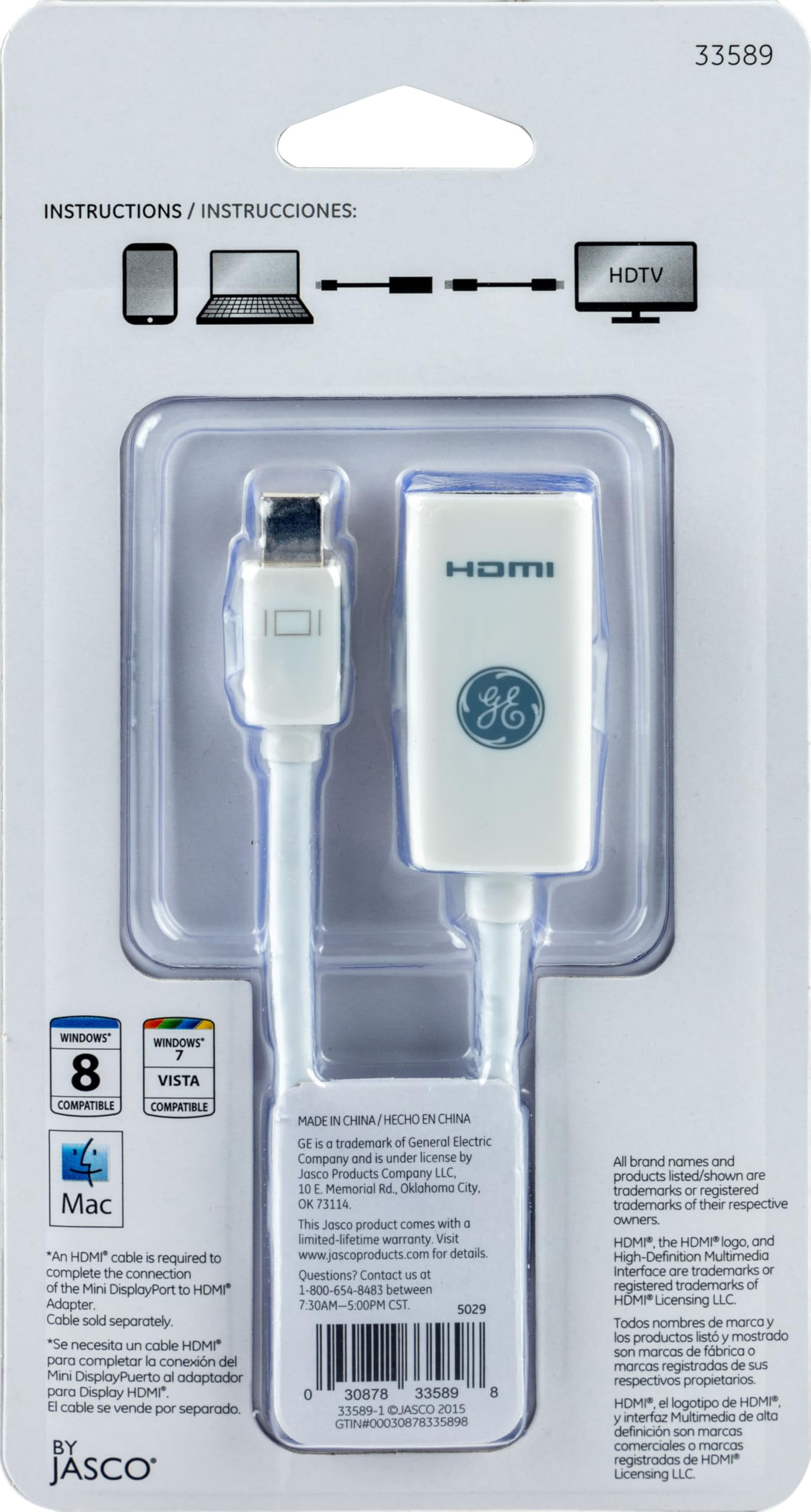 GE Adattatore mini DisplayPort a HDMI, confezione da 8, adattatore video, unidirezionale, sorgente da visualizzare, Pigtail, Basic, bianco, 85004