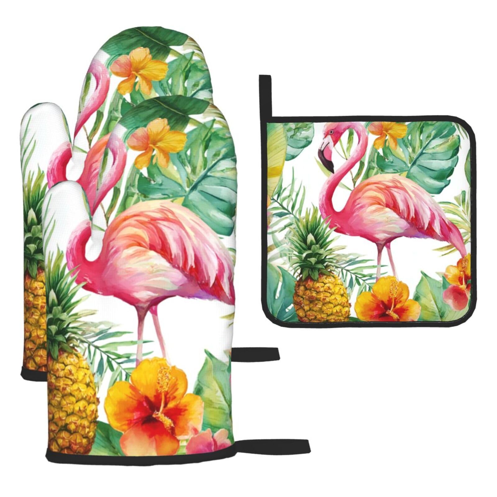 Oven Mitts and Pot Holders Sets of 3 Tropical Flamingo Oven Mitts 3 Pcs Heat Resistant Non Slip Ovens Gloves Hot Pads Kitchen Gloves Potholders for Baking Cooking BBQ Grilling