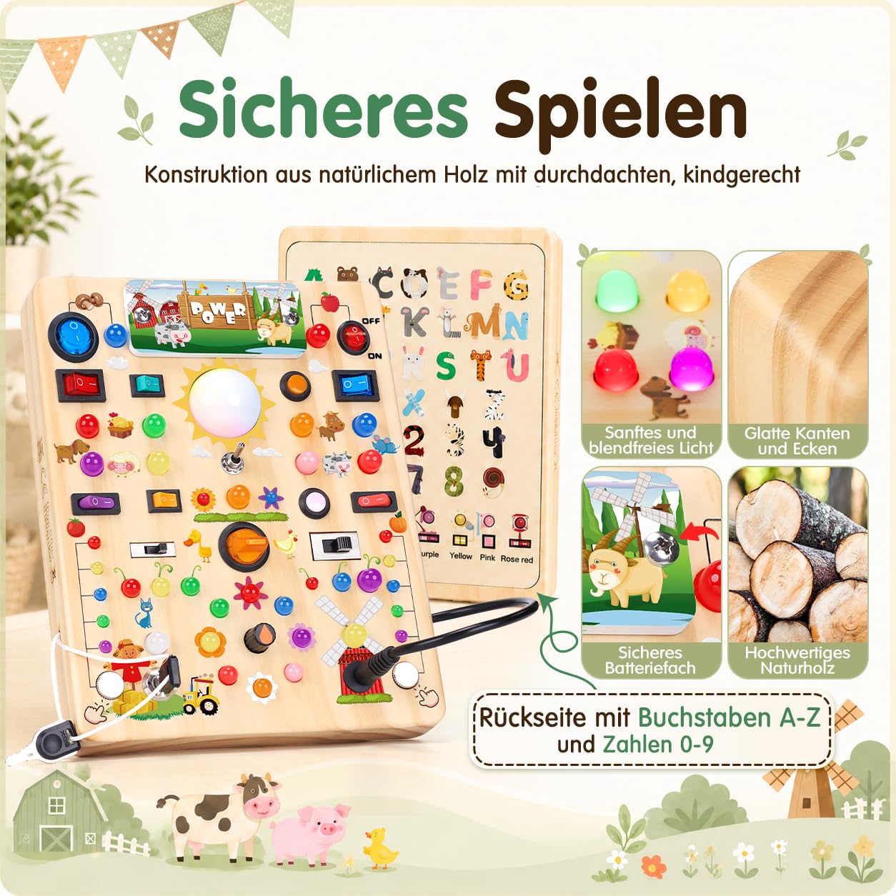 Montessori Giocattolo Busy Board a partire da 1 anno Activity Board in legno fattoria | Giocattolo per abilità motorie con 19 interruttori, 40 luci LED, giocattolo per bambini, regalo per ragazzi e ragazze