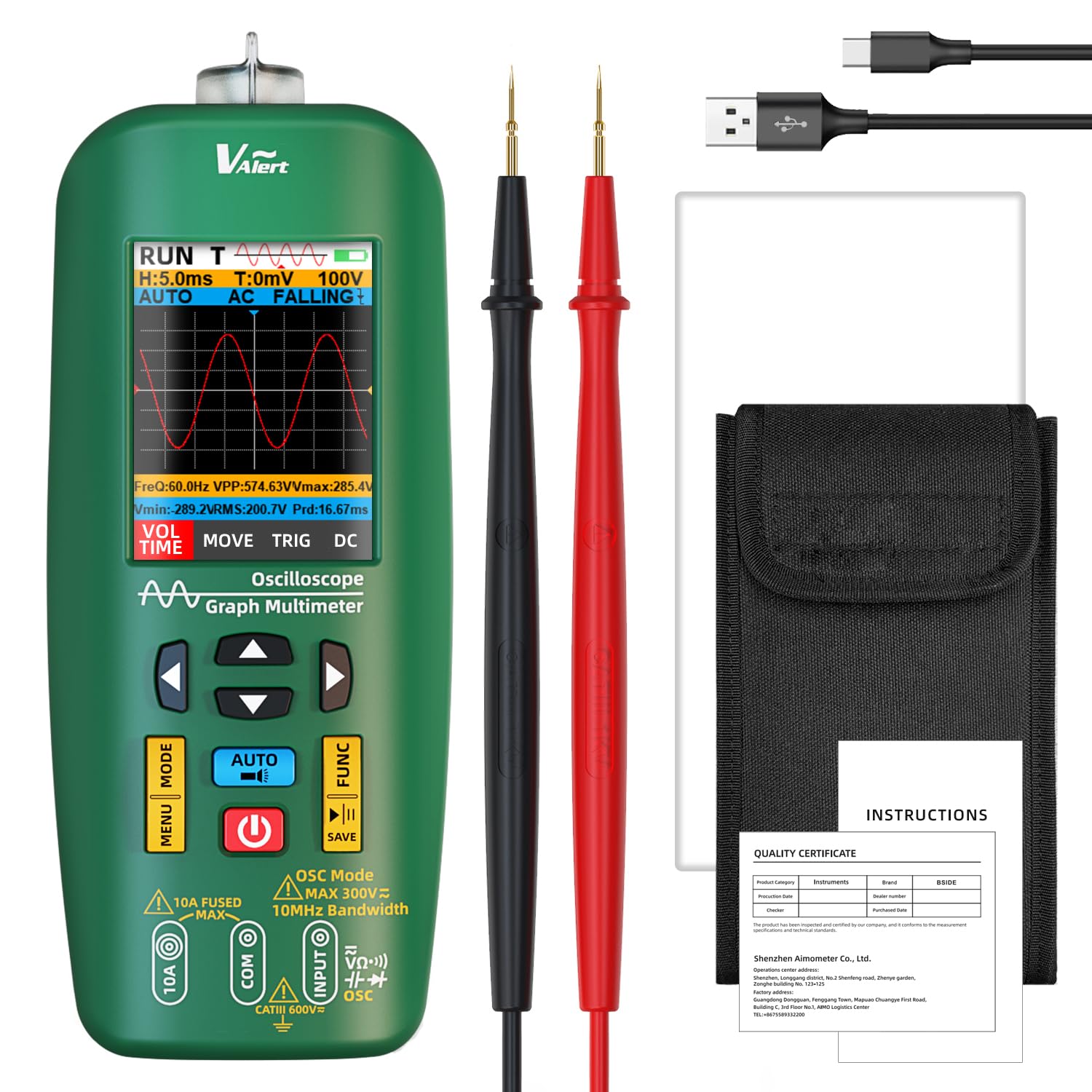 BSIDE O1 Multimètre Oscilloscope Portable 3 en 1 Multimètre TRMS à Oscilloscope Automobile LCD Couleur 4 Résultats 10Mhz Connectable sur PC Testeur Rechargeable de Tension Courant Continuité Capacité