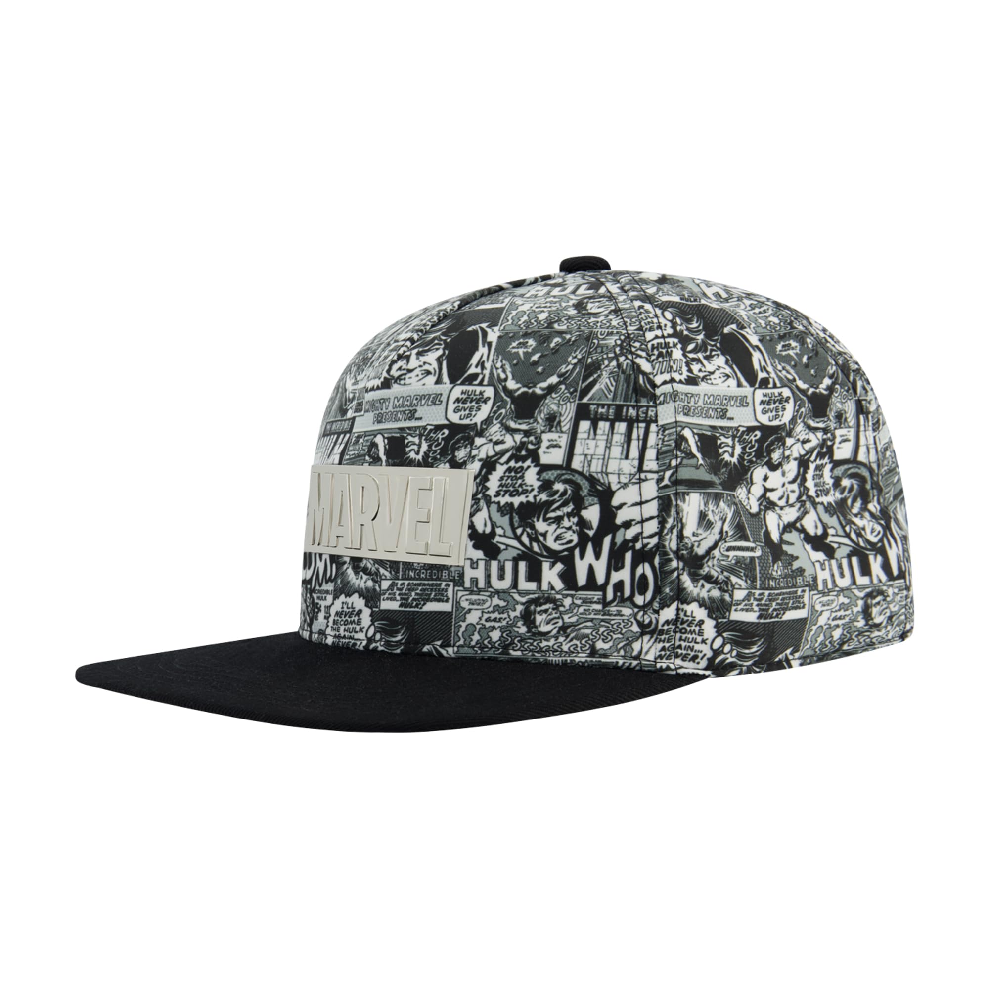 Marvel Hulk Baseball Cap, Comic Print Snapback Hat, Curved Brim Streetwear Style, Metal Logo Badge, Black and White