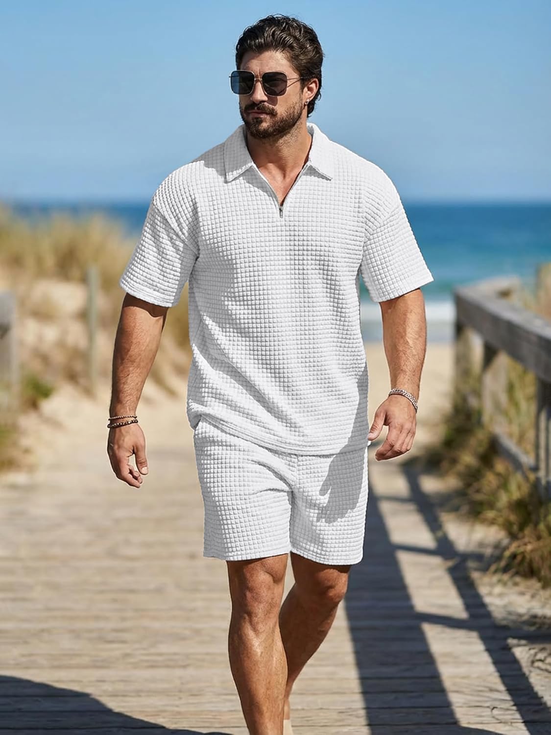 JMIERR Men's 2 Piece Waffle Knit Outfit Half Zip Polo Shirt and Shorts Textured Summer Set - Image 6