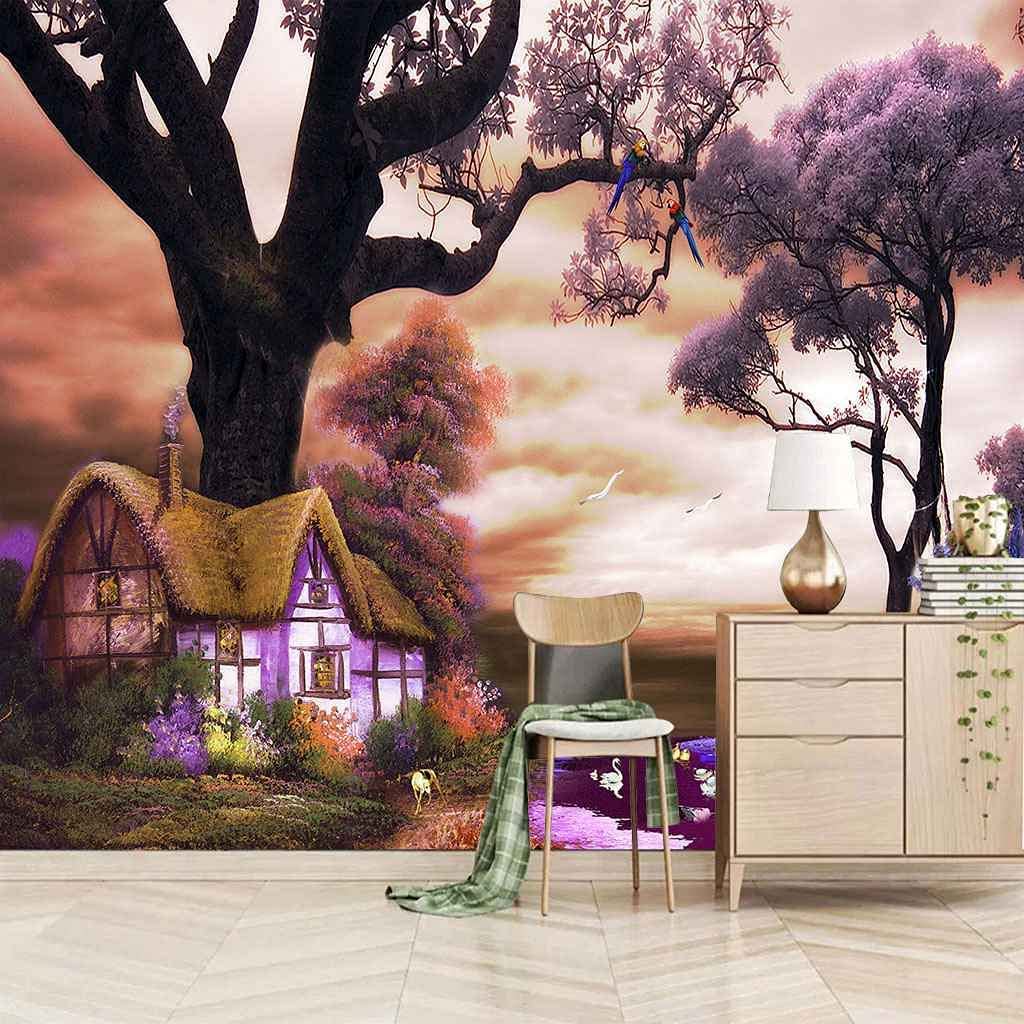 Fototapete 3D Fototapete Lila Holzhaus Natürliche Schöne Landschaft Wandbild Wohnzimmer Küche Schlafzimmer Wand 3D Tapetenkleister Wohnzimmer Die Wand Für Schlafzimmer Wandbild Büro Essz 250x175 cm