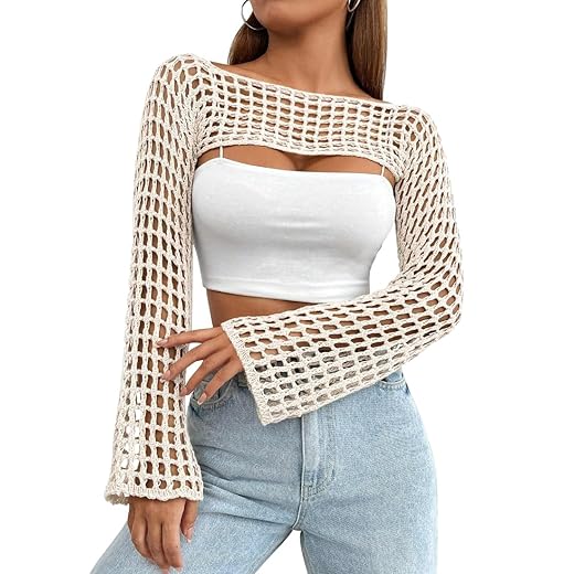Womens Crochet Shrug Y2K Hollow Out Bolero Shrug See Through Cropped Knit Sweater Top