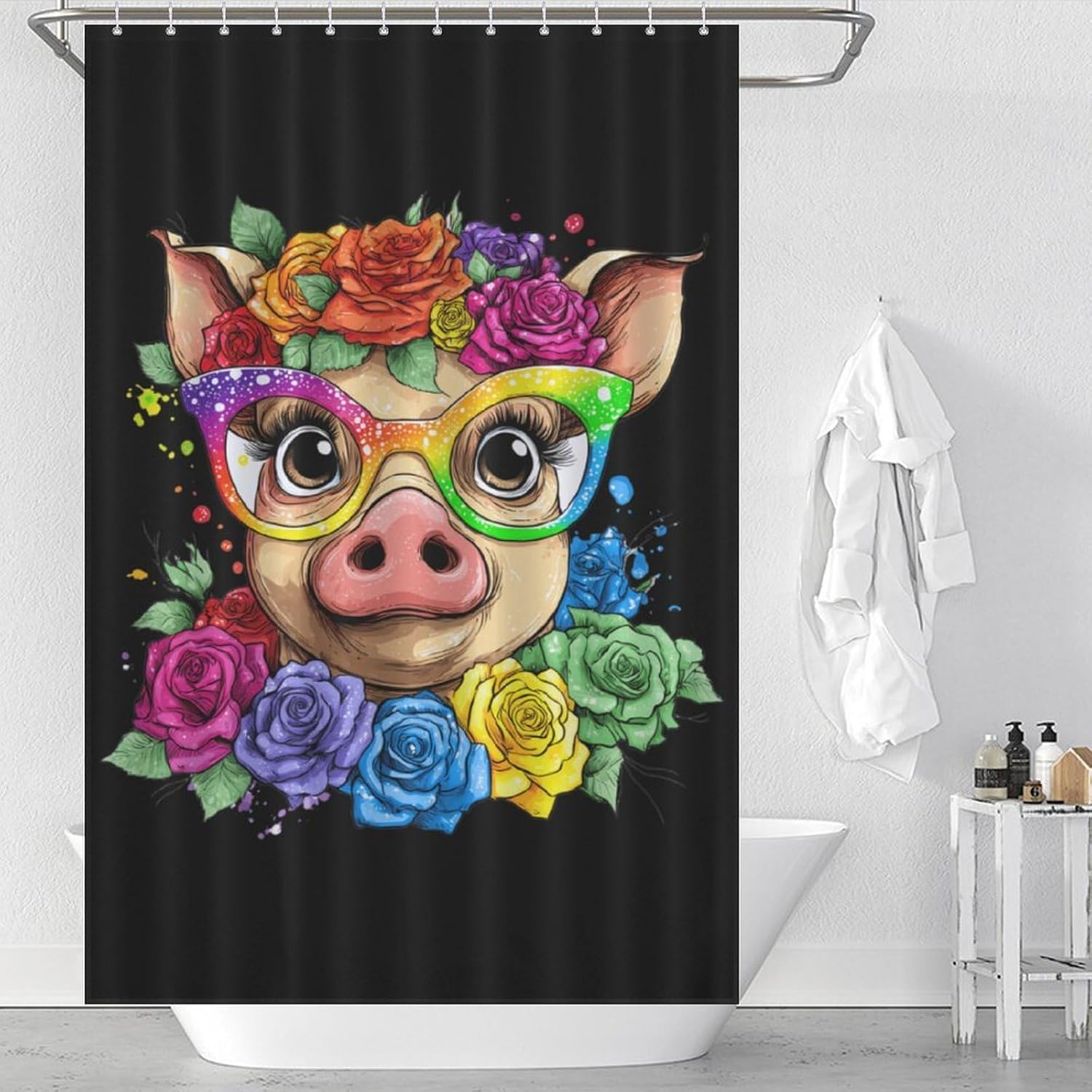 Pigs Rose Floral Shower Curtain 46.85x70.87Inch（119x180cm） Polyester Bath Curtain Shower Curtains Printed Decorative