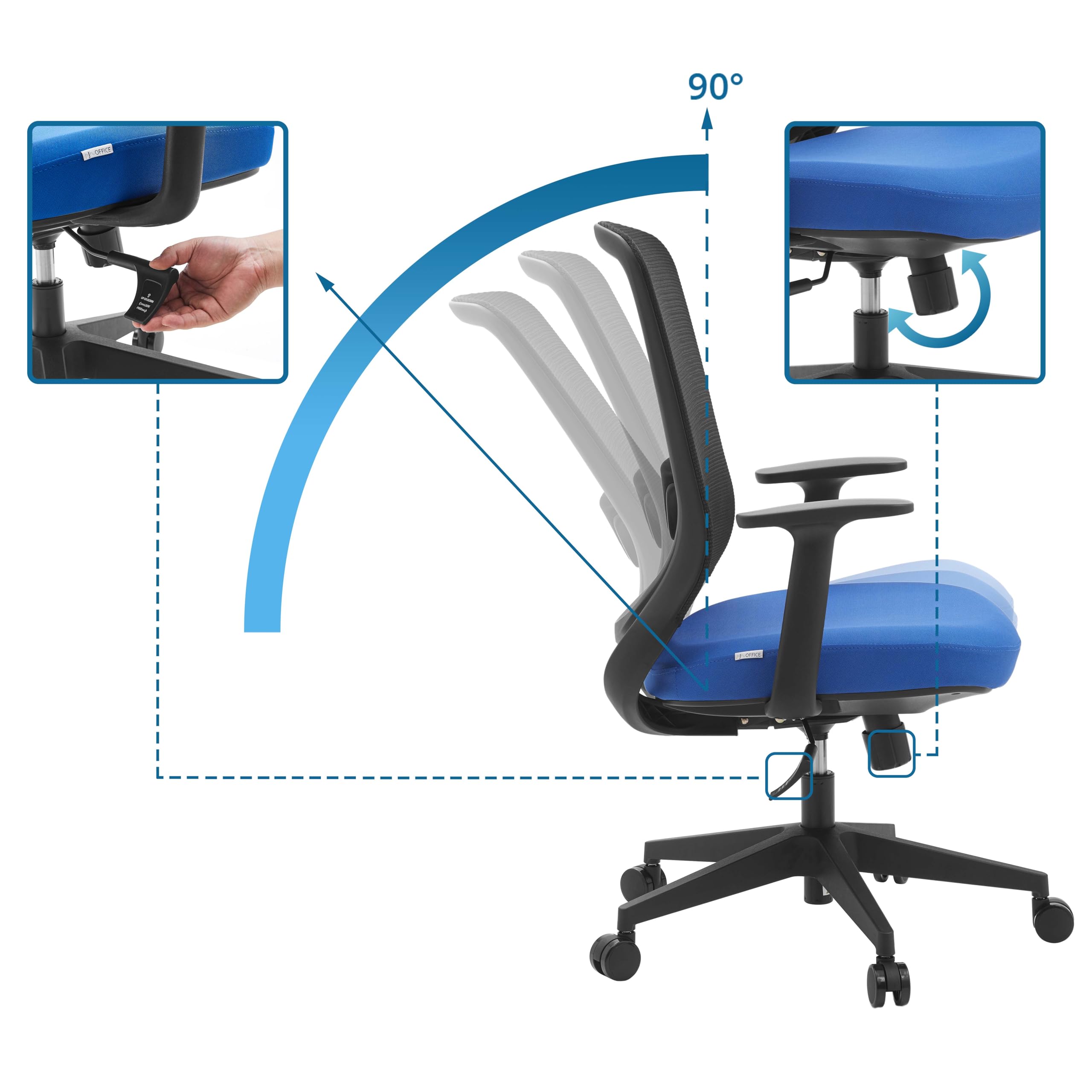 hjh OFFICE Silla de oficina ergonómica Sedito – Silla giratoria con respaldo de malla ajustable, soporte lumbar y asiento en cascada, color negro y azul