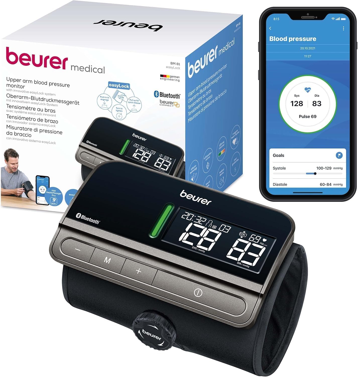 BM 81 easyLock Upper Arm BP Monitor, simple cable-free use, clinically validated, cuff with twist lock, gentle & quick measurement, app & Apple Health data transfer