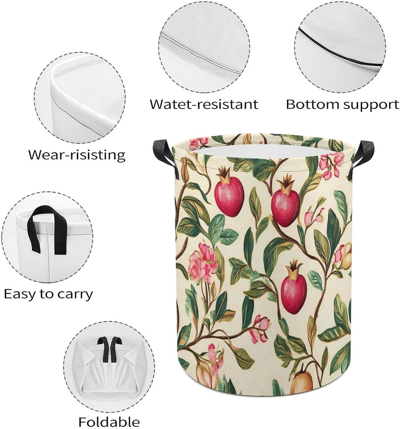 Pomegra Flowers Leaves Laundry Hamper Basket for Home Bathroom | clothes storage,handle,large capacity,oxford