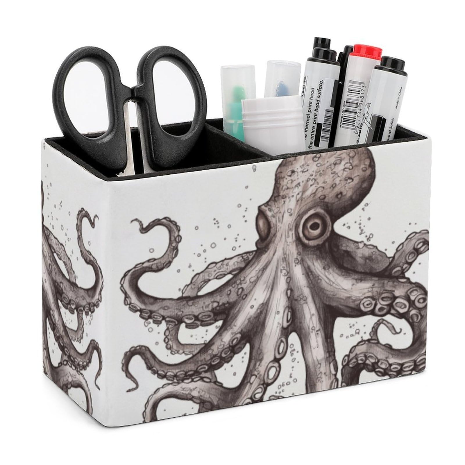 LZQPOEAS Exquisite Patterns PU Leather Pen Holder, Multifunctional Desktop Organizer Caddy with 2 Compartments, Octopus Pencil Cup Makeup Brush Holder for Office Home
