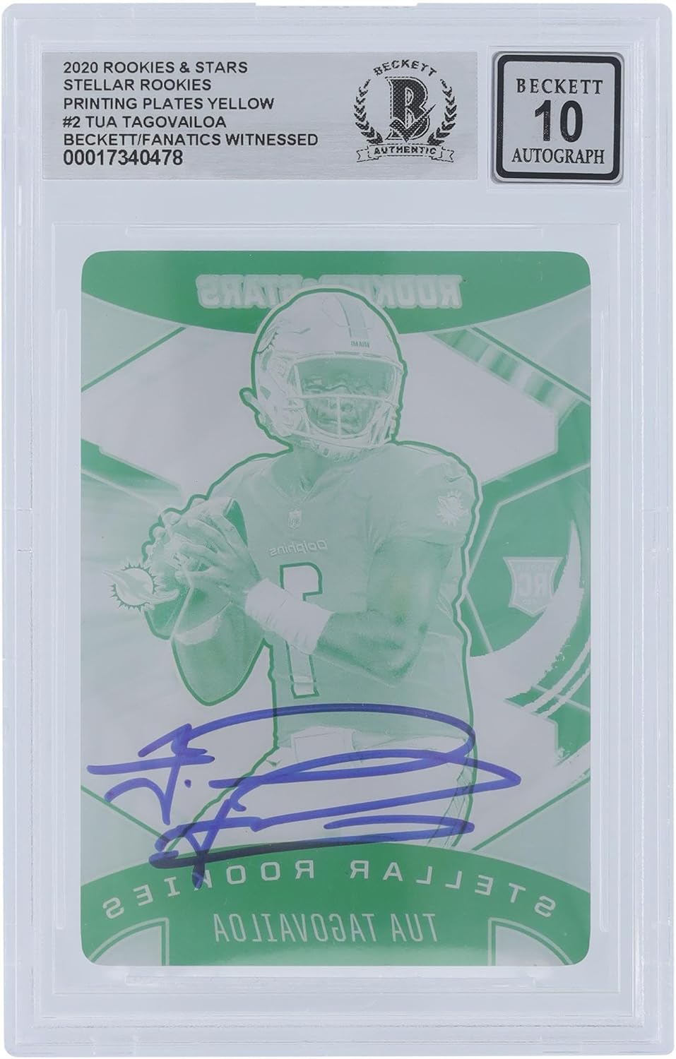 Tua Tagovailoa Miami Dolphins Autographed 2020 Panini Rookies & Stars Stellar Rookies Printing Plate #SR-2#1/1 Beckett Fanatics Witnessed Authenticated 10 Rookie Card - Football Slabbed Autographed