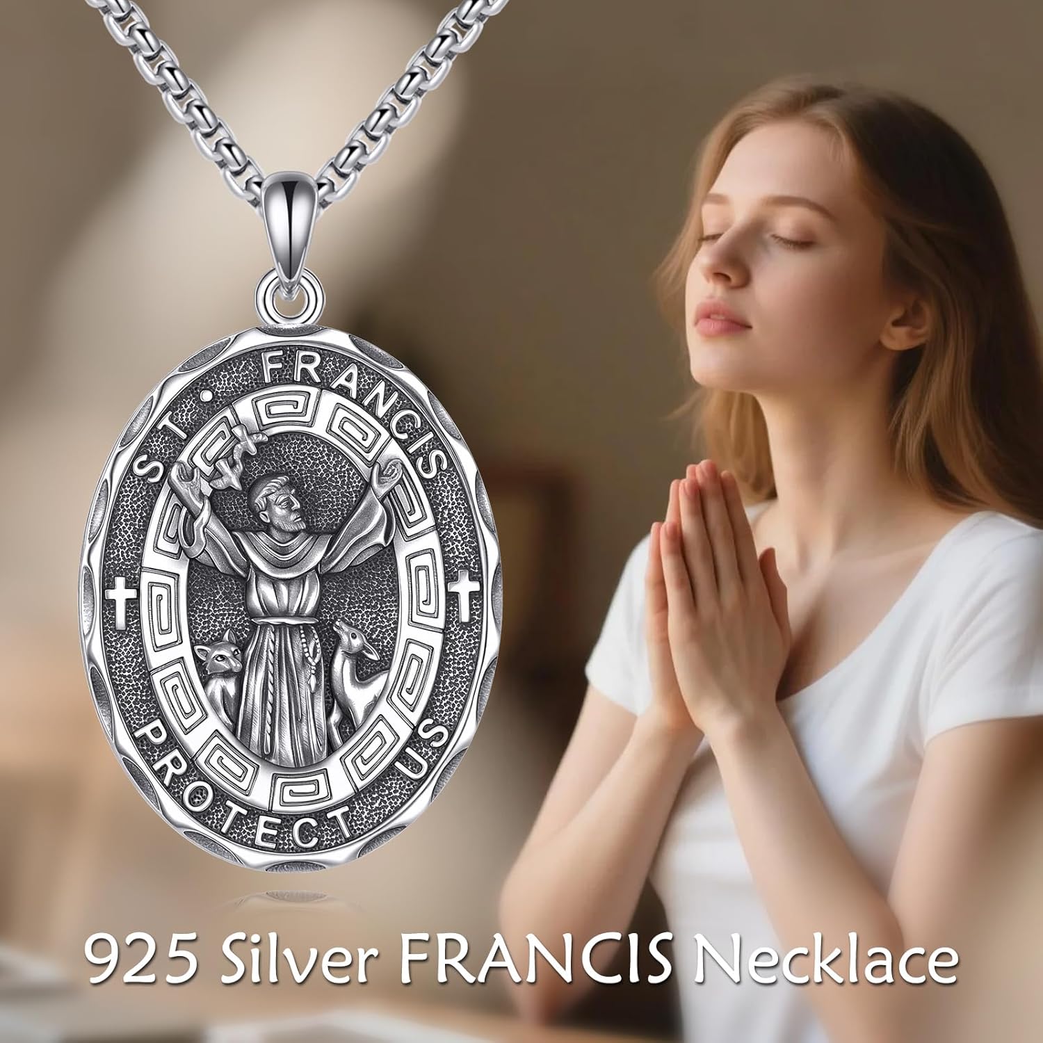 Patron Saint Necklace Sterling Silver Amulet Medal Pendant Religious Protector Jewelry Gifts for Women Men