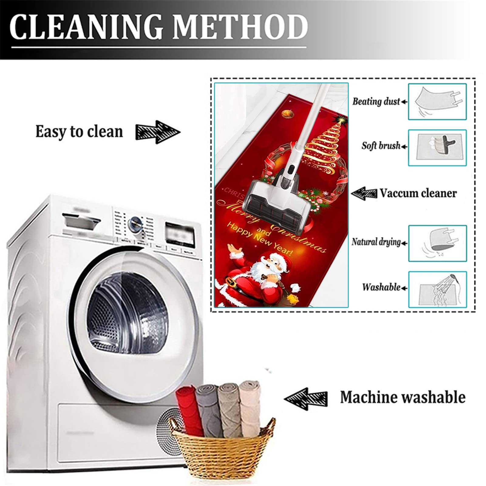 Tappeto Cucina Natalizio Lavabile Poliestere Tappeti Runner Lavabile in Lavatrice Zerbino 3D Rosso Antiscivolo Morbido Tappetino per Bagno Soggiorno Camera da Letto,2,60x180cm/23.6"x70.8"