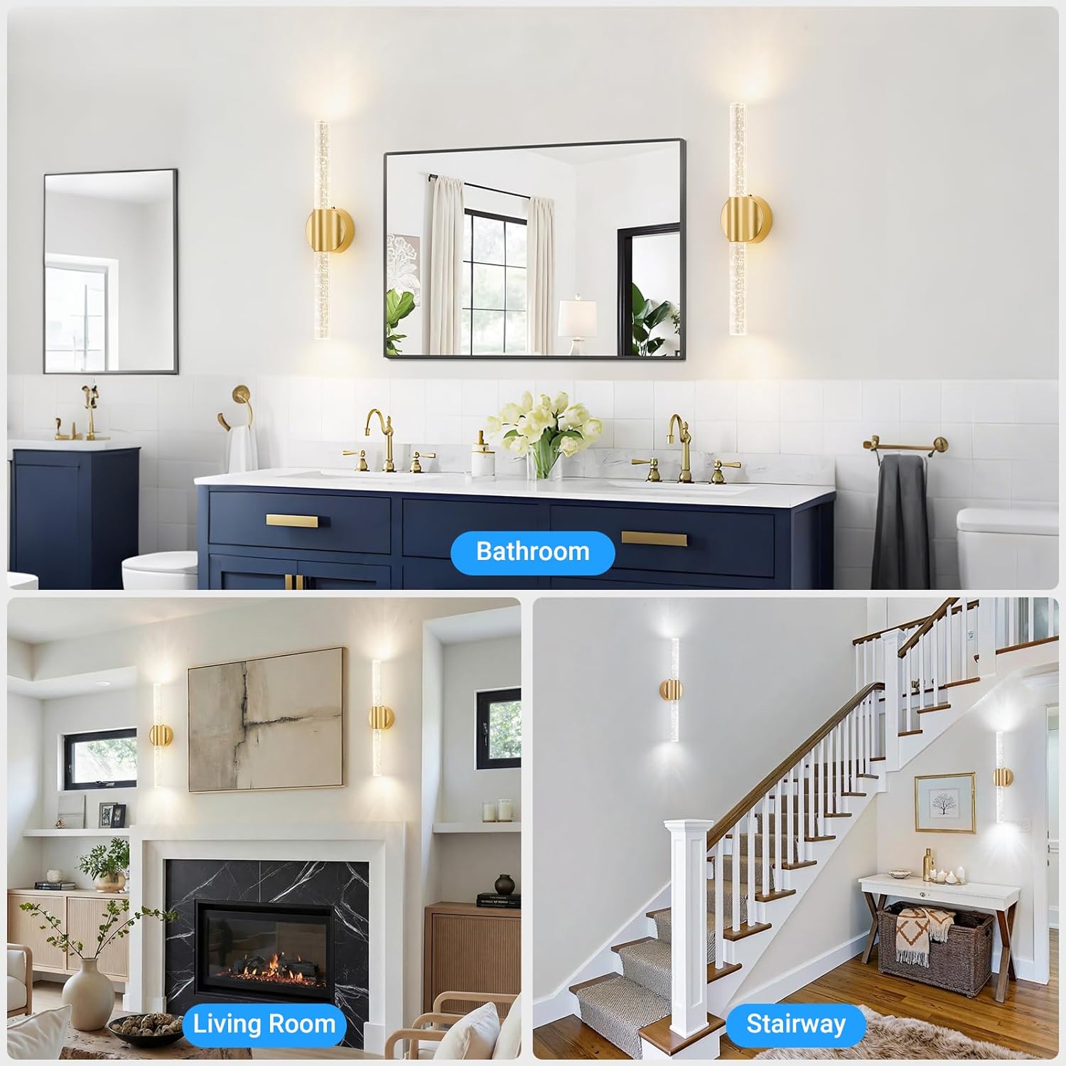 Peel and Stick on Gold Battery Operated Wall Sconces Set of 2, Rechargeable Magnetic Linear Wall Lights for Bedroom, Wireless Sconces with Remote&Touch Control, 3CCT&Dimmable Wall Lamp for Living Room