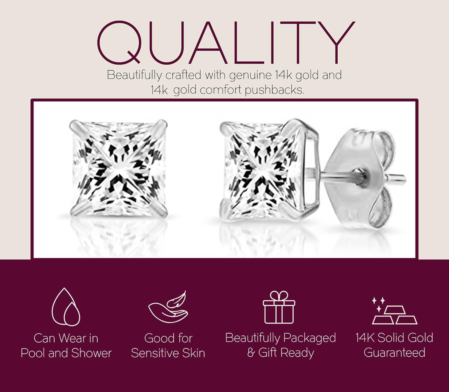 14k White Gold Princess Cut CZ Stud Earrings Real Gold Cubic Zirconia Studs with Solid Gold Backs Square - Image 2