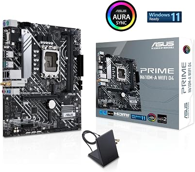 ASUS Prime H610M-A WIFI D4 Intel H610 LGA 1700 mic-ATX motherboard with DDR4, PCIe 4.0, dual M.2 slots, Intel 1 Gb Ethernet, WIFI 5, DisplayPort, HDMI, D-Sub, USB 3.2 Gen 2 ports, SATA 6 Gbps