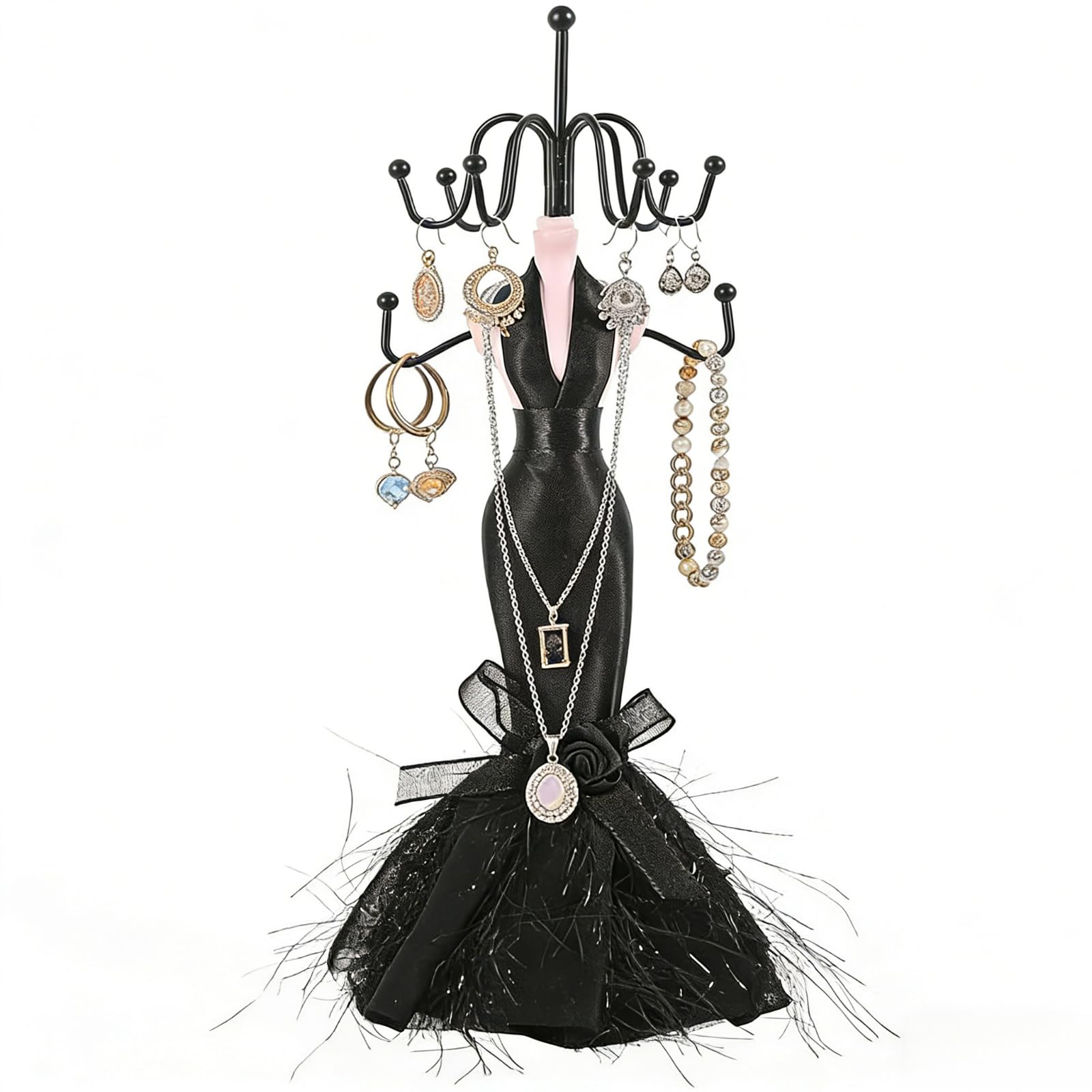 Organiseur portable de bijoux noir avec mannequin chic pour bagues et bracelets