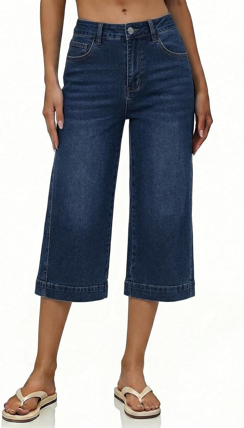 ABABC Capri Jeans for Women Wide Leg High Waisted Cropped Jeans Casual Stretchy Straight Baggy Denim Pants with Pockets