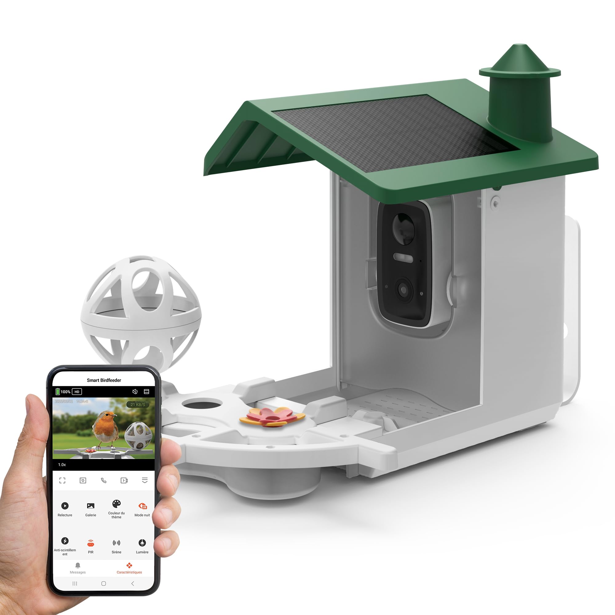 Avidsen Intelligentes Vogelhaus mit WLAN-Kamera, Full HD 1080p, Solarbetrieb, 2L Futterspender, Nachtsicht, Zwei-Wege-Audio, IP65, App-Steuerung, Grün