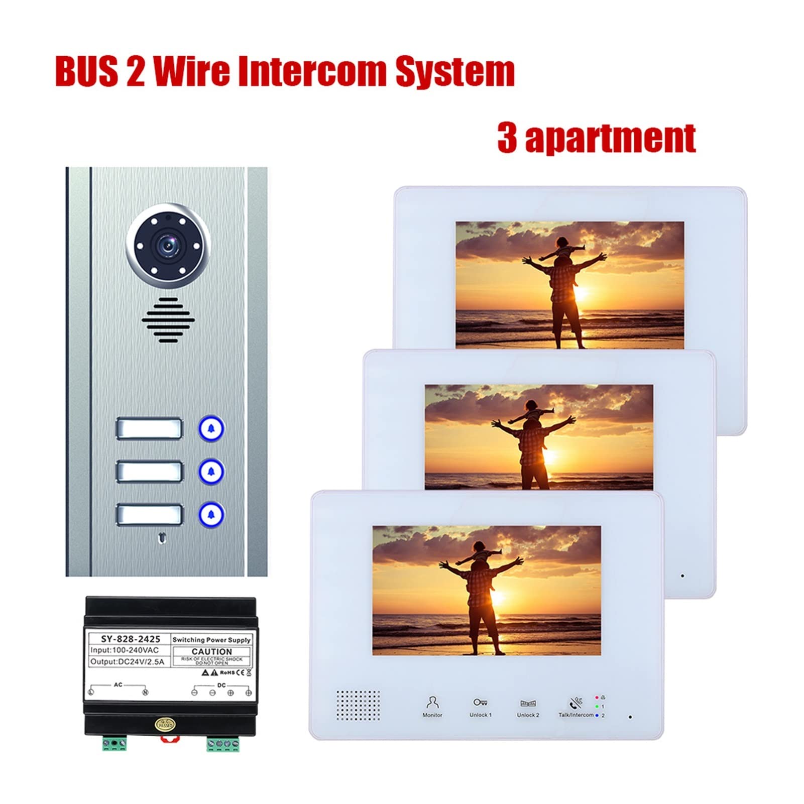 Videoportero con cámara de alta definición, 7 pulgadas Autobús 2 Kit de sistemas de intercomunicadores de teléfono de video for cables for casa 1 unidades Apartamento Noche Visión Audio claro, Fácil d