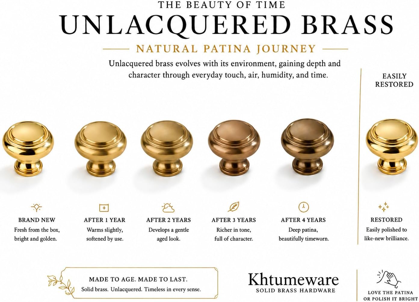 Luxury Solid Real Brass Handmade Unlacquered Brass Cabinet Knobs | 1-1/4 Inch | 5 Pack | Pure Brass | Genuine Brass | Drawer Knobs |For kitchen cabinets, bathroom vanities, dressers, cupboards