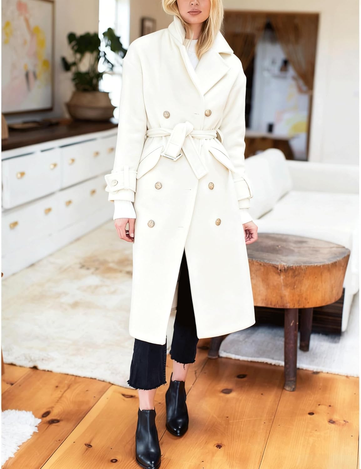 Hooever Women's Long Wool Coat Fall Winter Notched Lapel Double Breasted Trench Coat Peacoat with Belt - Image 3